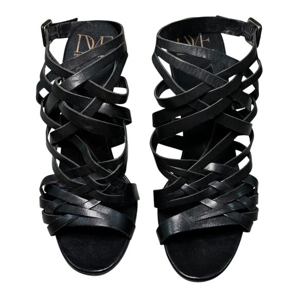 DVF Diane von Furstenberg Black Gladiator Strappy Woven High Heel Sandals 9.5 - Picture 1 of 15